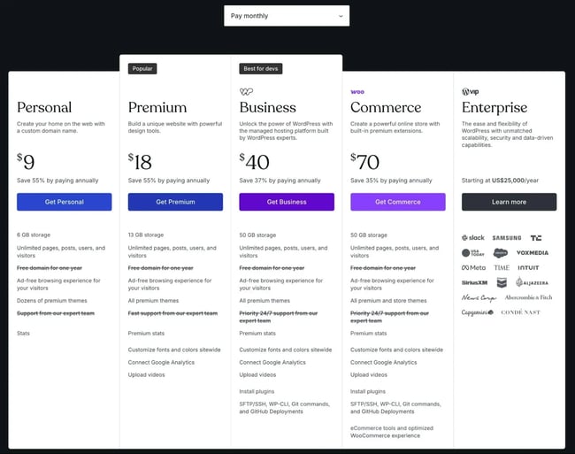 the wordpress.com pricing page.